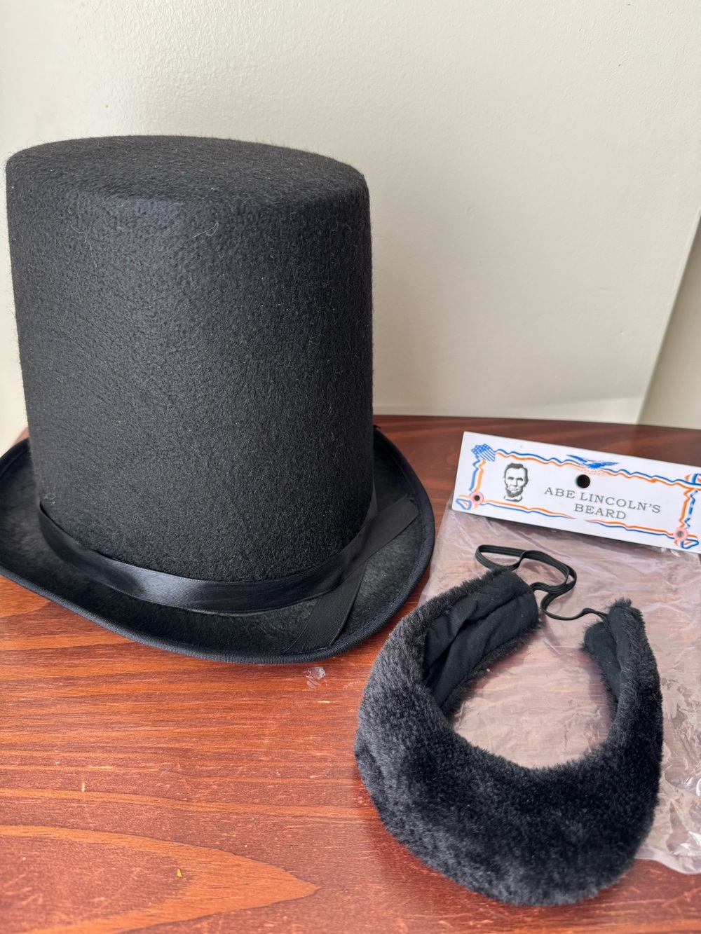 Abe Lincoln 8" Stovepipe Top Hat & Beard set black felt kids costume Halloween